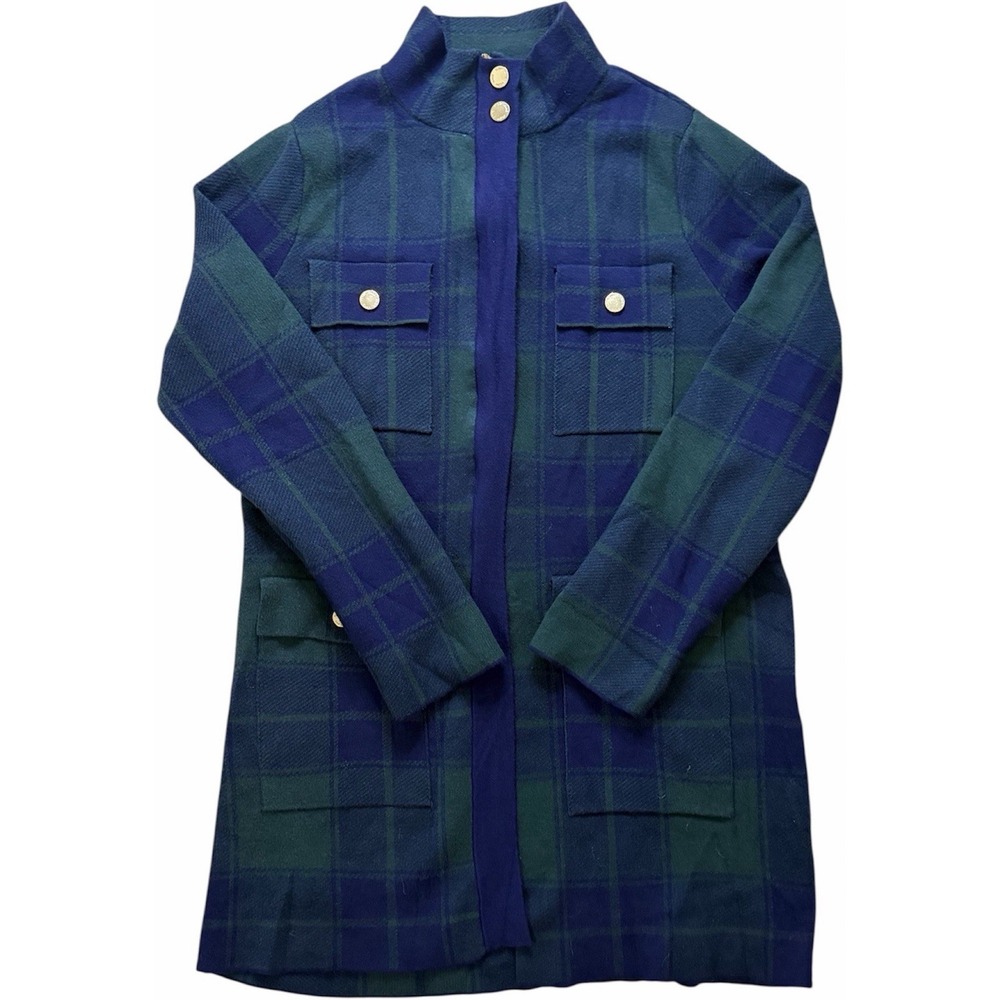 Anne Klein‎ Plaid Knit Jacket Womens Medium Green Blue Button Front Sweater